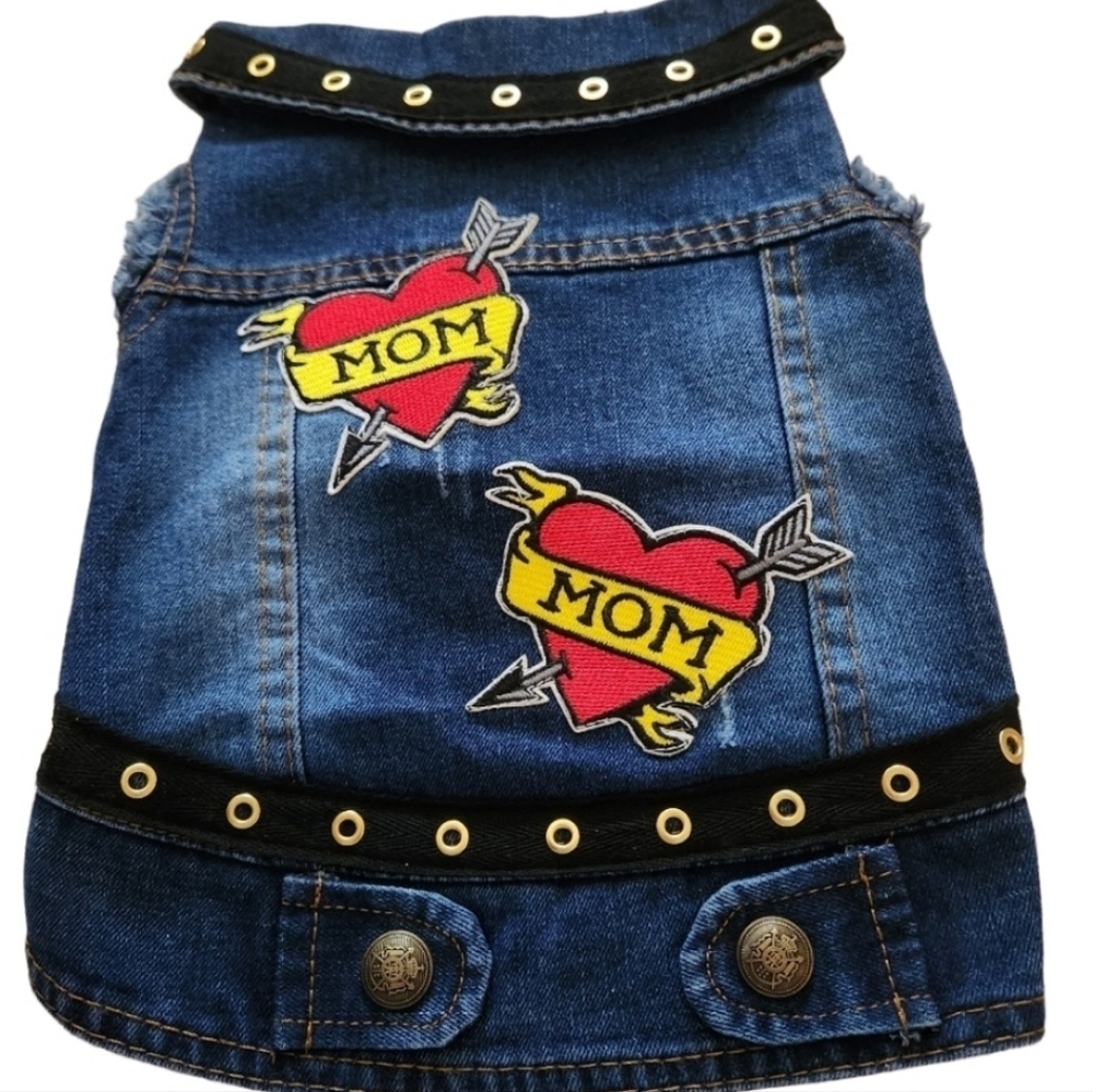 Heads or Tails Pup Blue Jean Biker Mom Vest Size Large NWT $68